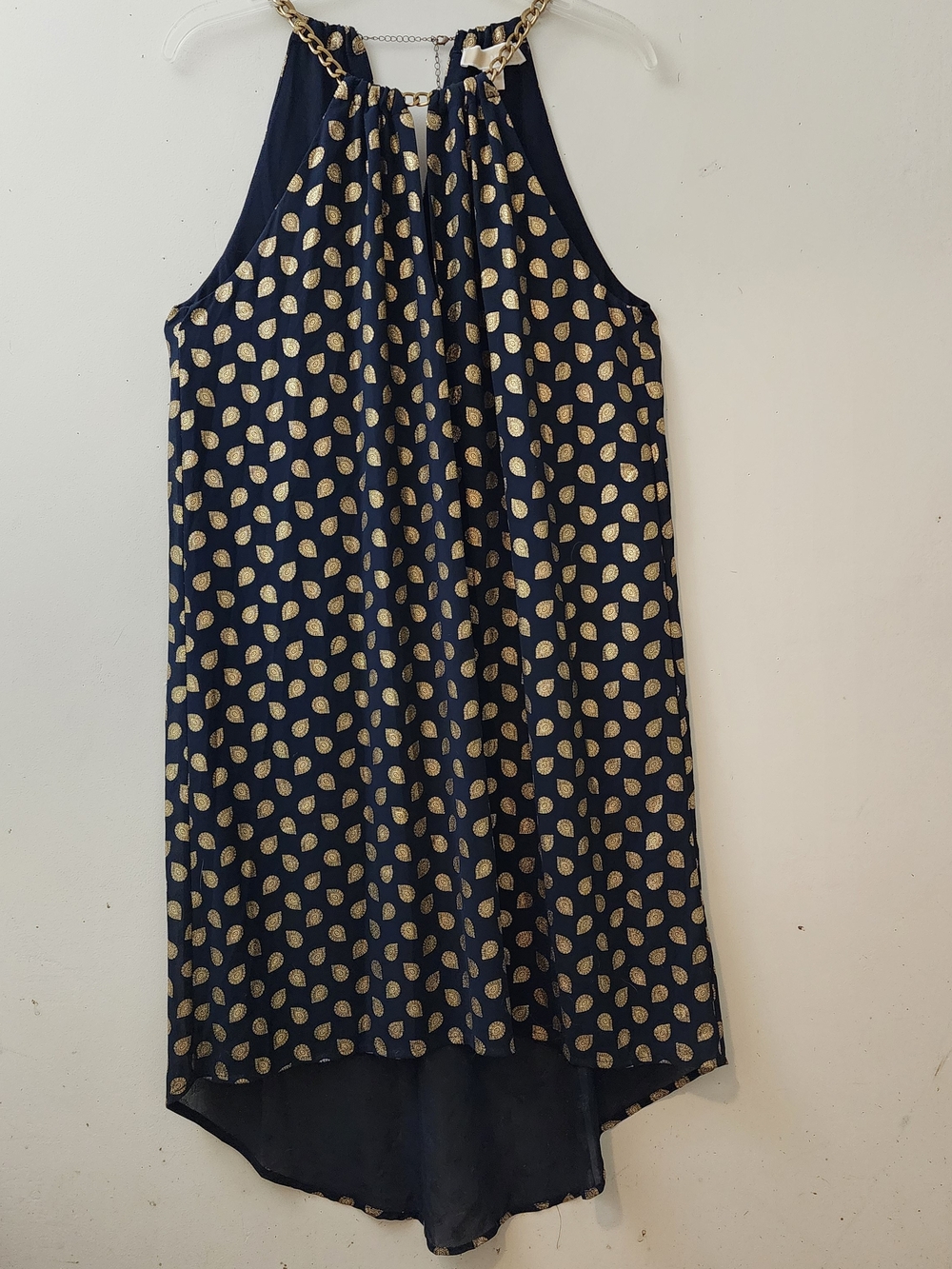 Michael Kors Dress S Chain Halter Navy Gold Metallic Glam Luxury Hi/Low Elegant